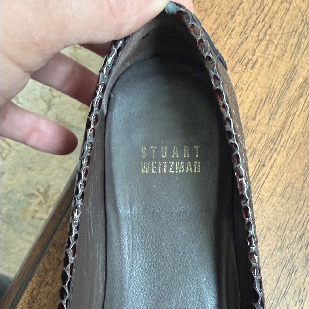 Stuart Weitzman Brown Snake-Embossed Loafers with Gold Buckle - Picture 5 of 10